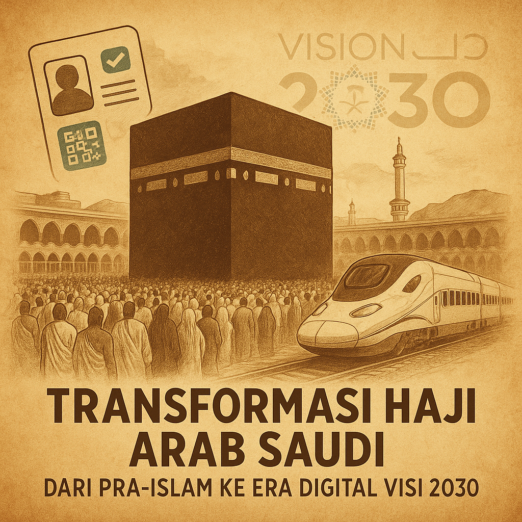 Dari ritual pra-Islam hingga digitalisasi Haji di bawah Visi 2030, artikel ini mengulas transformasi spiritual, politik, dan teknologi Arab Saudi.