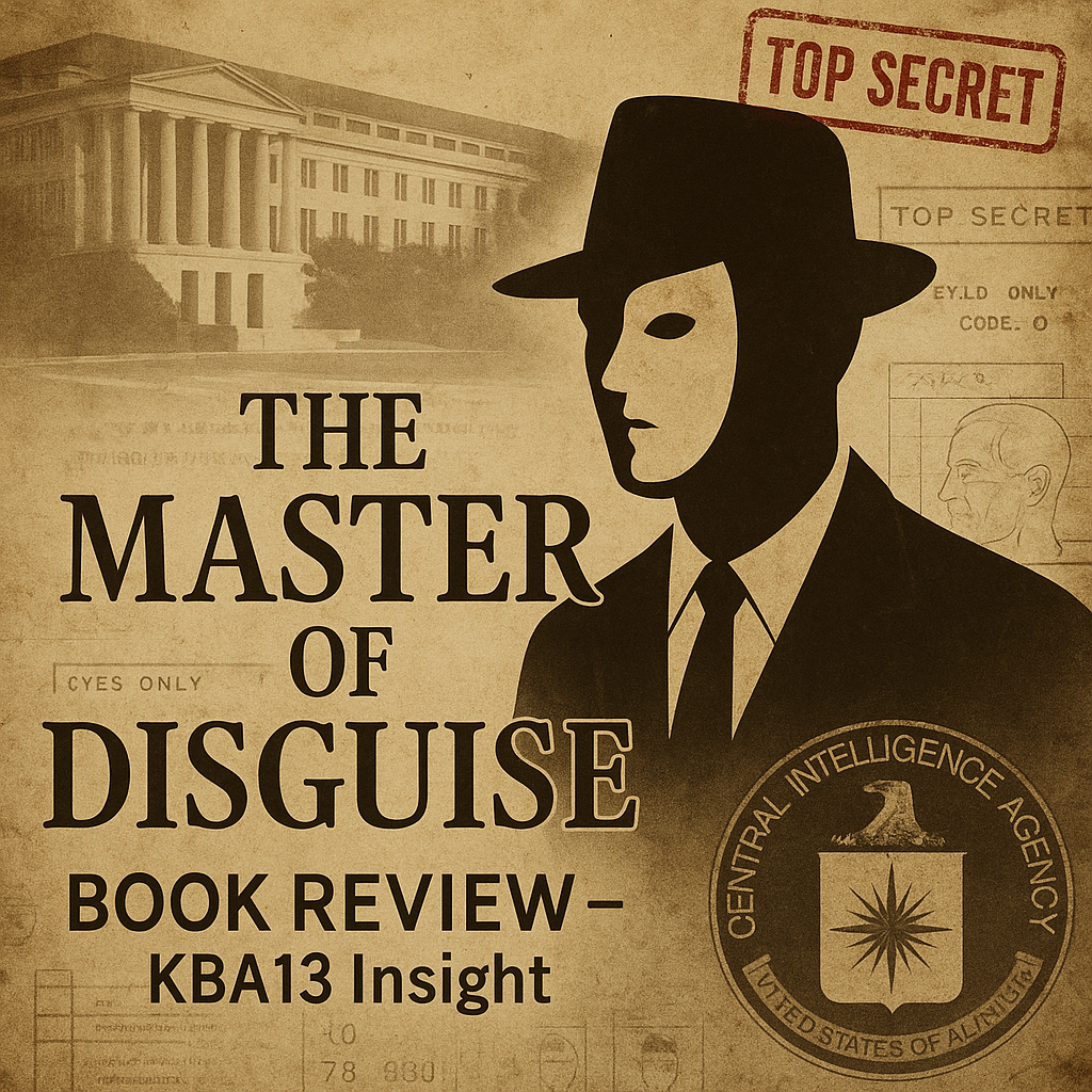 Thumbnail review buku The Master of Disguise karya Antonio J. Mendez – memoar CIA, seni penyamaran, operasi rahasia, dan geopolitik intelijen global. Book Review KBA13.