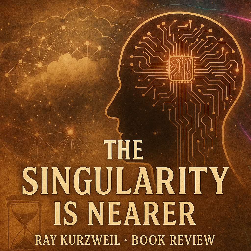 Thumbnail review buku The Singularity Is Nearer karya Ray Kurzweil – singularitas, AI, merger manusia–mesin, evolusi kecerdasan, dan masa depan peradaban. Book Review KBA13.