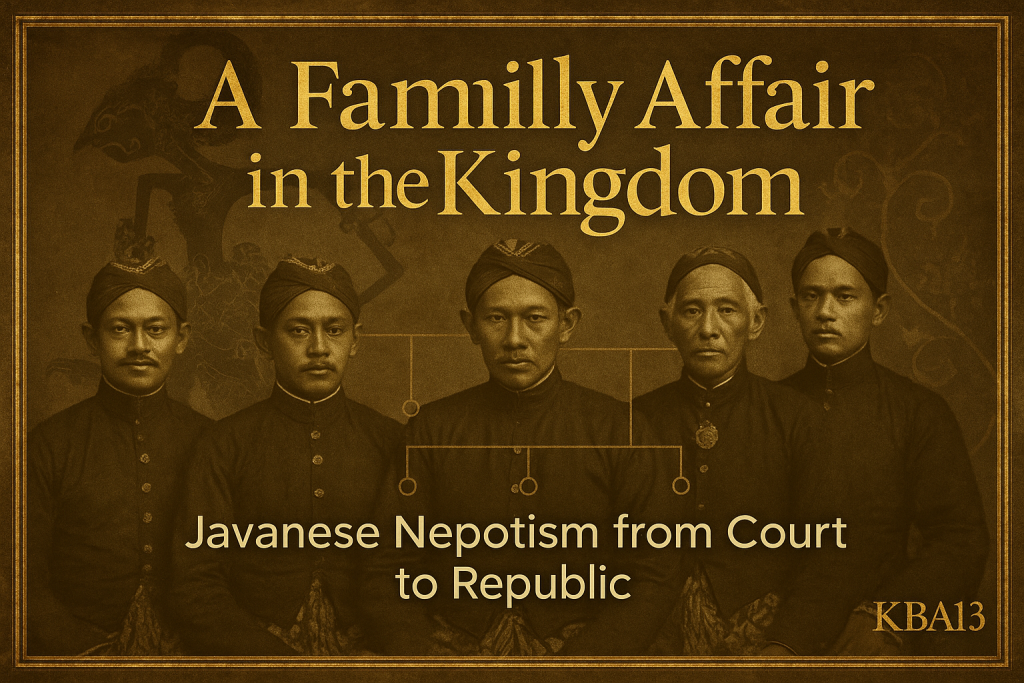 Vintage sepia-gold image of Javanese court officials with wayang silhouettes and family-tree overlay symbolizing dynastic politics.