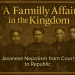 Vintage sepia-gold image of Javanese court officials with wayang silhouettes and family-tree overlay symbolizing dynastic politics.
