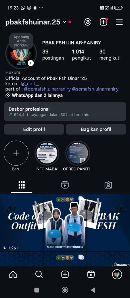 Akun Instagram resmi PBAK FSH UIN Ar-Raniry 2025. Dengan pengikut yang menembus angka ribuan dan konten yang terus diikuti ratusan ribu orang, media sosial menjadi wajah baru FSH yang dinamis, modern, dan dekat dengan generasi mahasiswa.