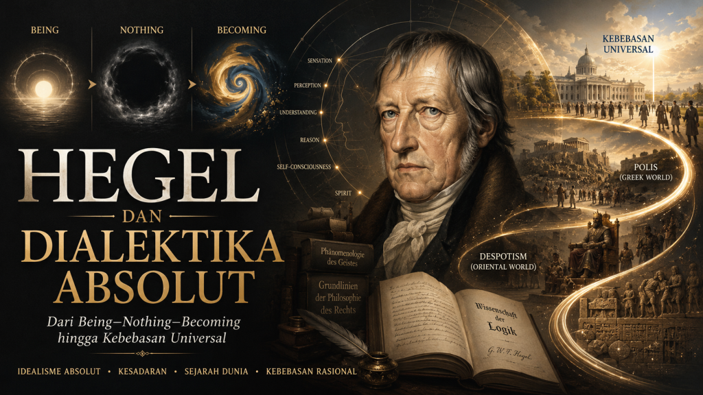 Hegel dan Dialektika Absolut: menelusuri gerak Being, Nothing, dan Becoming menuju kesadaran, sejarah dunia, dan puncak kebebasan universal.