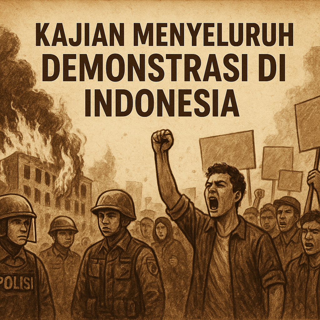 Demonstrasi besar di Indonesia Agustus 2025: massa aksi dengan spanduk dan megafon, aparat polisi dan TNI berjaga, serta gedung DPRD yang terbakar, merefleksikan eskalasi kerusuhan nasional.
