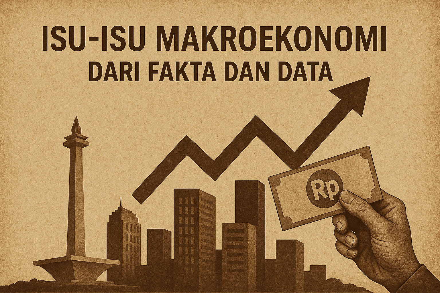 Isu-Isu Makroekonomi Indonesia 2025: potret pertumbuhan, inflasi, fiskal, dan tantangan struktural dalam nuansa vintage-sepia KBA13 Insight.