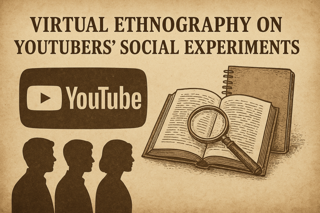 Vintage-sepia illustration capturing the essence of digital ethnography on YouTubers’ social experiments—blending YouTube culture, academic research, and human observation into one frame.