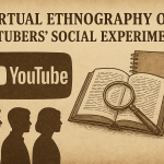 Vintage-sepia illustration capturing the essence of digital ethnography on YouTubers’ social experiments—blending YouTube culture, academic research, and human observation into one frame.