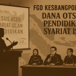 FGD Kesbangpol Aceh – Diskusi Transisi Dana Otsus, Pendidikan Inklusif, dan Syariat Islam. Poster ilustratif bergaya vintage-sepia yang merekam semangat refleksi dan perdebatan akademik tentang masa depan Aceh pasca-2027.