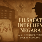 Review buku Filsafat Intelijen Negara karya A.M. Hendropriyono – gedung intelijen, dokumen rahasia, simbol Pancasila, dan bayangan agen. Book Review KBA13.