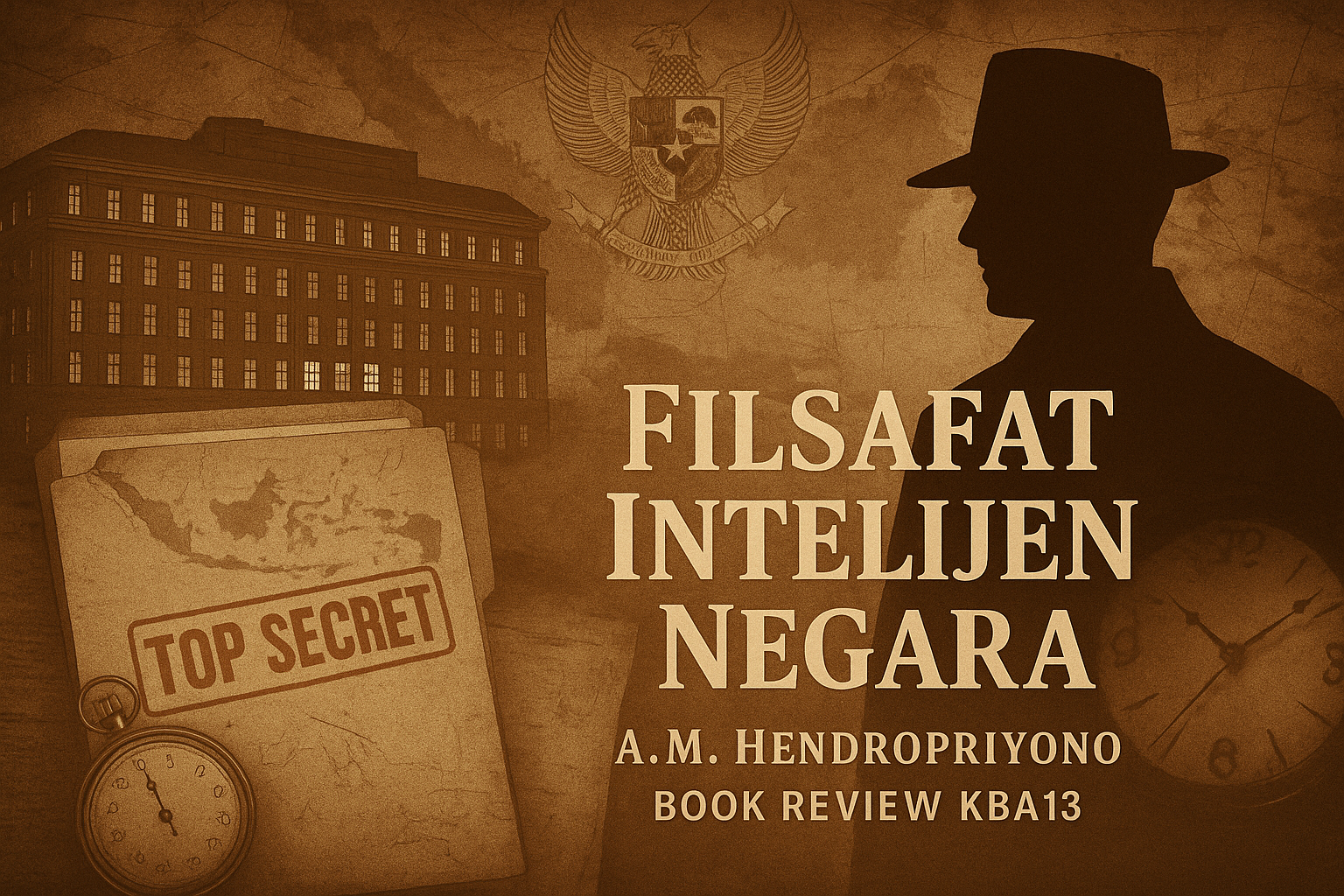 Review buku Filsafat Intelijen Negara karya A.M. Hendropriyono – gedung intelijen, dokumen rahasia, simbol Pancasila, dan bayangan agen. Book Review KBA13.