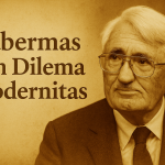 Potret Jürgen Habermas dengan nuansa vintage-sepia-gold. Visual ini merepresentasikan dilema modernitas dan warisan filosofis Habermas sebagaimana dibaca oleh David M. Rasmussen.