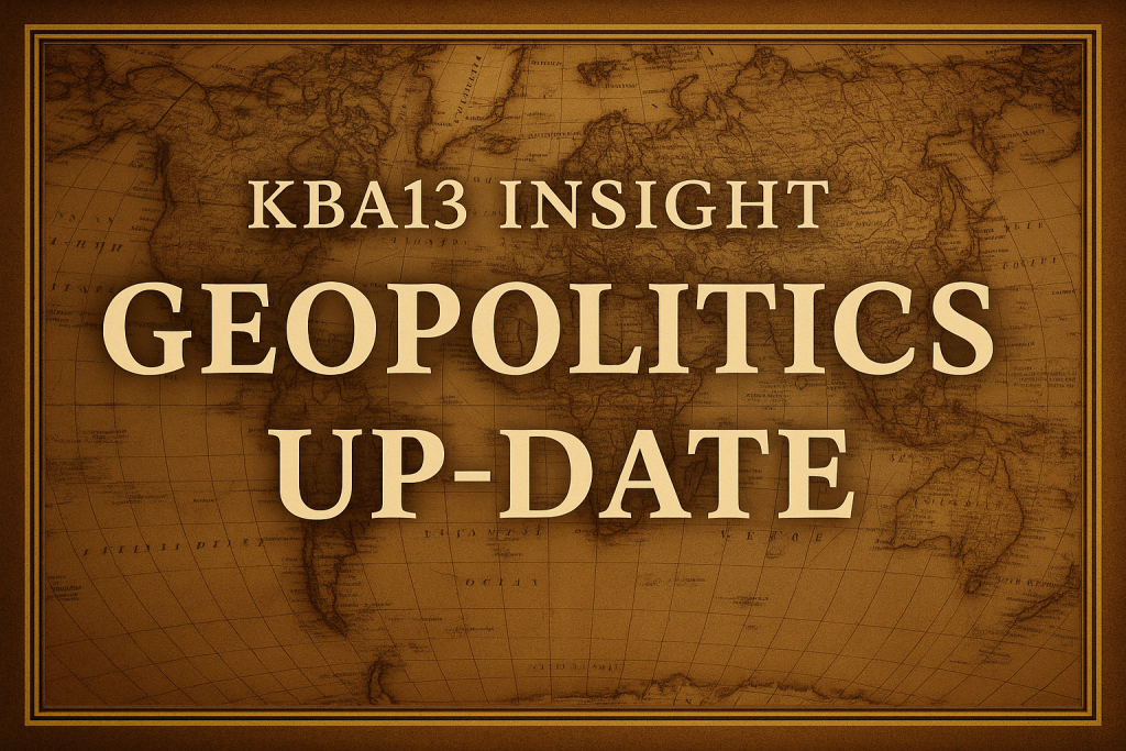 Peta dunia bergaya vintage-sepia dengan bingkai emas elegan — melambangkan arah baru geopolitik global dalam analisis KBA13 Insight