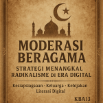 Moderasi Beragama: strategi klasik menghadapi radikalisme di era digital, dengan pilar kesiapsiagaan, keluarga, kebijakan, dan literasi digital — disajikan dalam nuansa vintage-sepia khas KBA13 Insight.