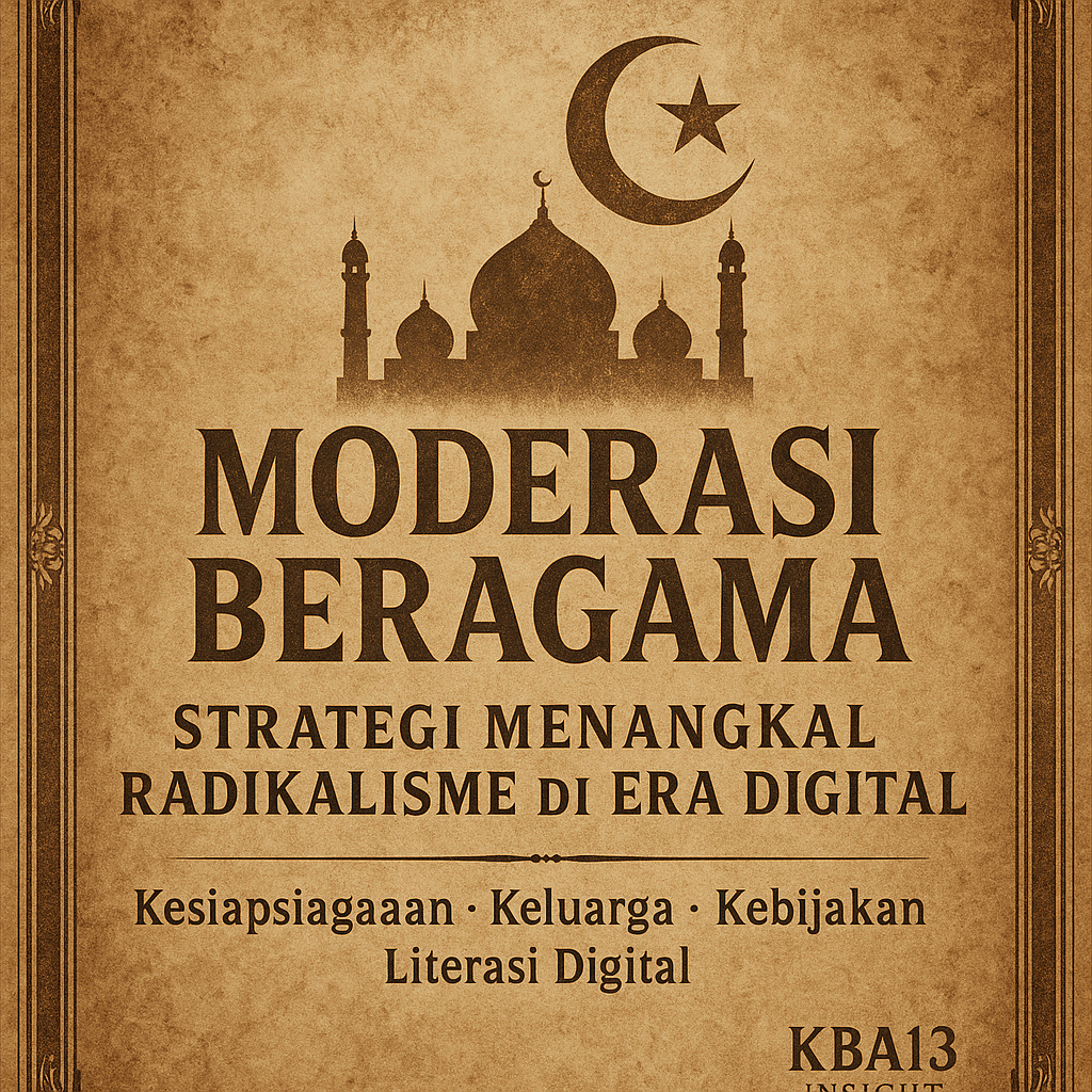 Moderasi Beragama: strategi klasik menghadapi radikalisme di era digital, dengan pilar kesiapsiagaan, keluarga, kebijakan, dan literasi digital — disajikan dalam nuansa vintage-sepia khas KBA13 Insight.