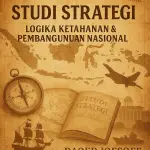 Review buku Studi Strategi karya Daoed Joesoef – menampilkan peta Indonesia, kapal, pesawat, kompas navigasi, dan arsip strategi dalam nuansa vintage-sephia. Book Review KBA13