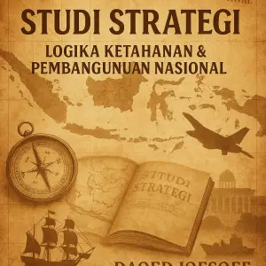 Review buku Studi Strategi karya Daoed Joesoef – menampilkan peta Indonesia, kapal, pesawat, kompas navigasi, dan arsip strategi dalam nuansa vintage-sephia. Book Review KBA13