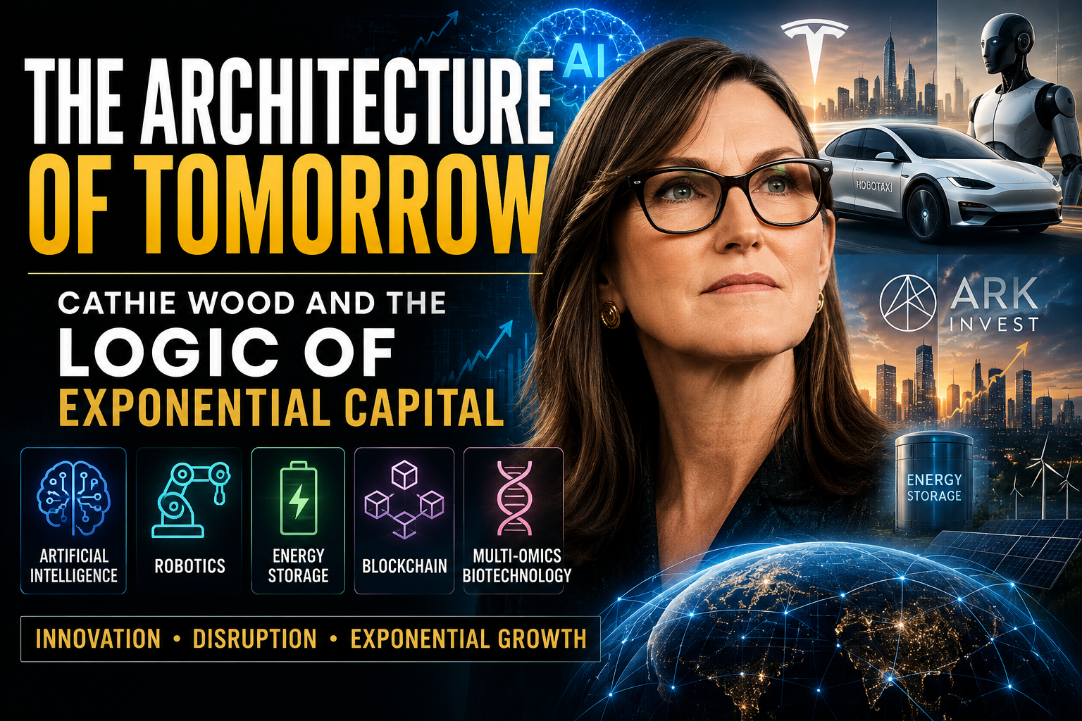Cathie Wood and the architecture of exponential capital, featuring AI, robotics, Tesla, blockchain, biotechnology, and future economic networks