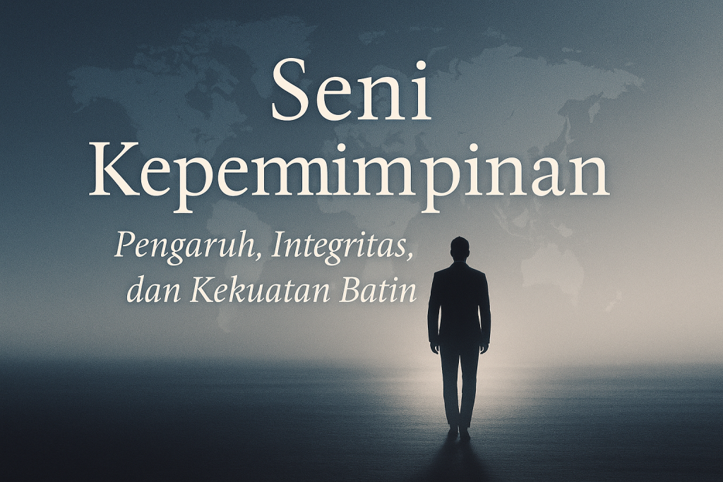 Siluet seorang pemimpin berdiri di bawah cahaya biru keperakan, menggambarkan pengaruh, integritas, dan kekuatan batin yang menjadi inti dari seni kepemimpinan sejati.