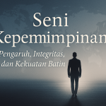 Siluet seorang pemimpin berdiri di bawah cahaya biru keperakan, menggambarkan pengaruh, integritas, dan kekuatan batin yang menjadi inti dari seni kepemimpinan sejati.