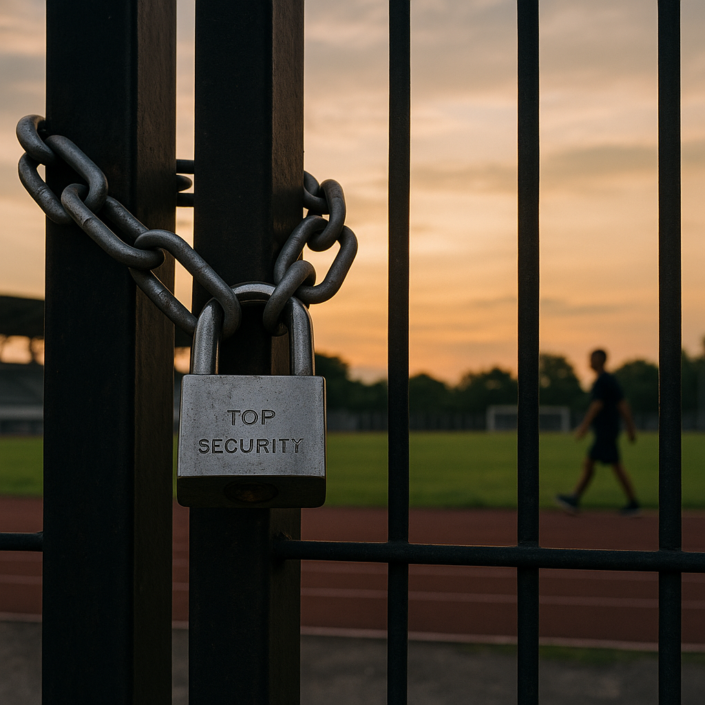 Gembok baja menutup pagar stadion di Banda Aceh saat senja. Simbol ketegangan antara birokrasi dan ruang publik yang menjadi sorotan setelah penundaan konser Slank dan D’Masiv oleh Dispora Aceh.