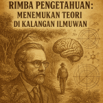 Seorang ilmuwan berdiri di tengah rimba pengetahuan, dikelilingi simbol-simbol pemikiran dan kesadaran. Ia melangkah ke dalam hutan ide, mencari teori yang menghubungkan akal, jiwa, dan semesta.