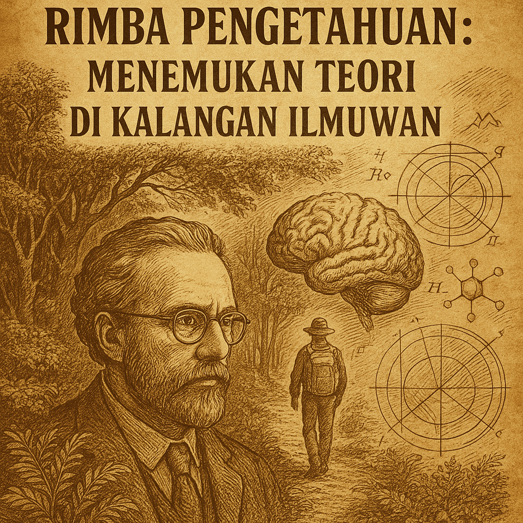 Seorang ilmuwan berdiri di tengah rimba pengetahuan, dikelilingi simbol-simbol pemikiran dan kesadaran. Ia melangkah ke dalam hutan ide, mencari teori yang menghubungkan akal, jiwa, dan semesta.