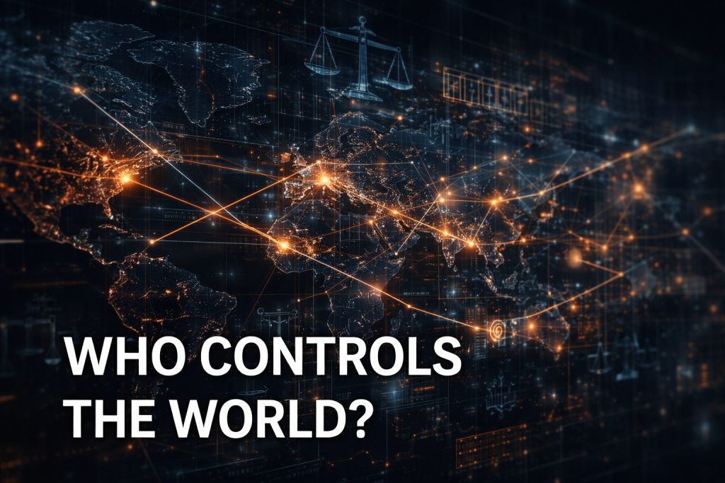 Representasi visual tatanan dunia di mana kapital, hukum, dan kekuasaan global saling terhubung, mempertanyakan siapa yang sesungguhnya mengendalikan dunia modern.