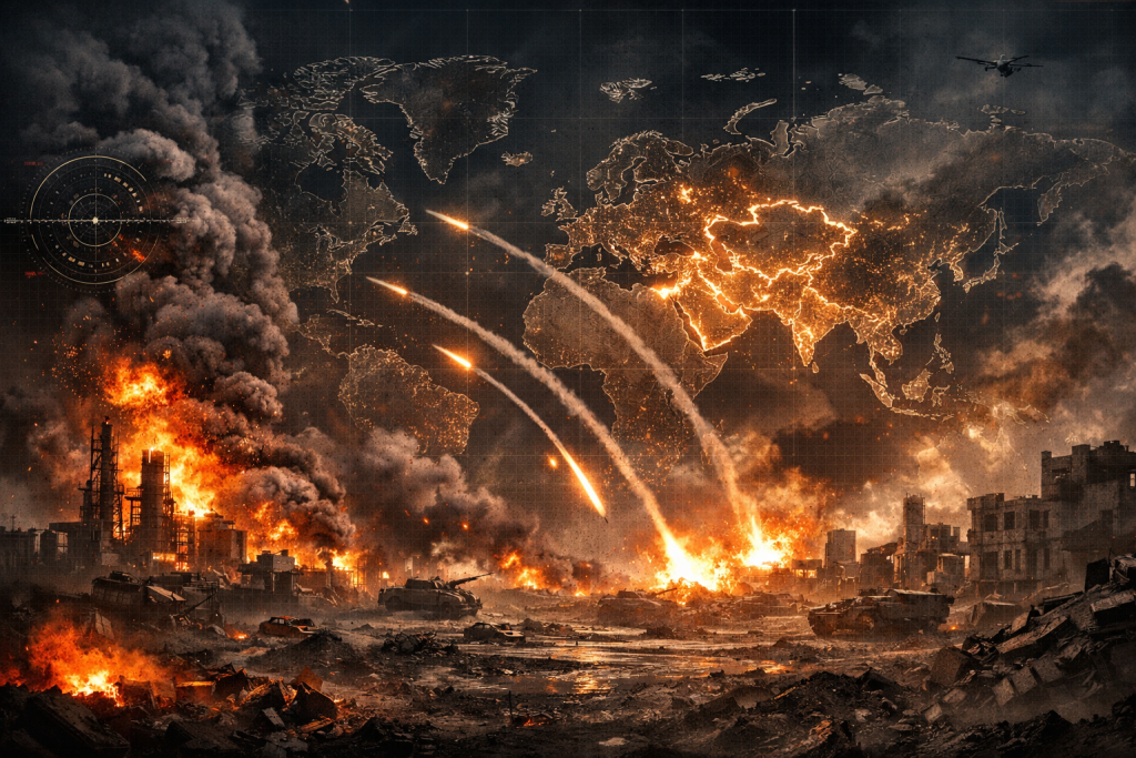 analisa intelijen perang iran amerika israel 2026 dengan latar perang timur tengah, ledakan kilang minyak, jejak rudal di langit, peta dunia, suasana gelap dramatis dan ketegangan geopolitik global