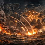 analisa intelijen perang iran amerika israel 2026 dengan latar perang timur tengah, ledakan kilang minyak, jejak rudal di langit, peta dunia, suasana gelap dramatis dan ketegangan geopolitik global