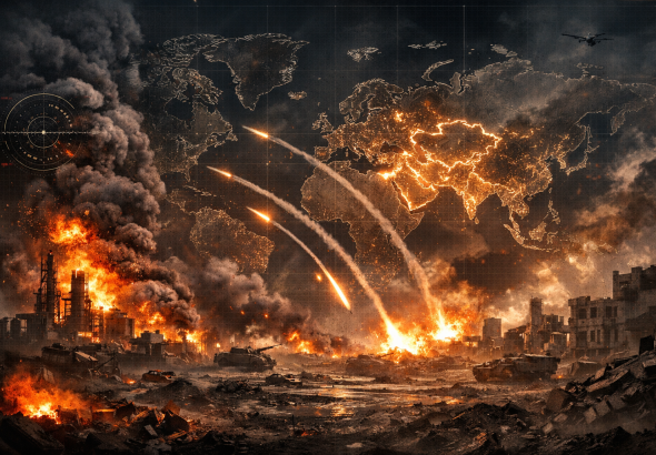 analisa intelijen perang iran amerika israel 2026 dengan latar perang timur tengah, ledakan kilang minyak, jejak rudal di langit, peta dunia, suasana gelap dramatis dan ketegangan geopolitik global