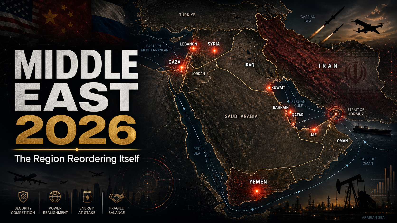 The geopolitical map of the Middle East in 2026 reveals a region reordering itself through war, energy disruption, great-power rivalry, the Gaza crisis, Iran’s pressure, Gulf instability, and the strategic contest over the Red Sea and the Strait of Hormuz.