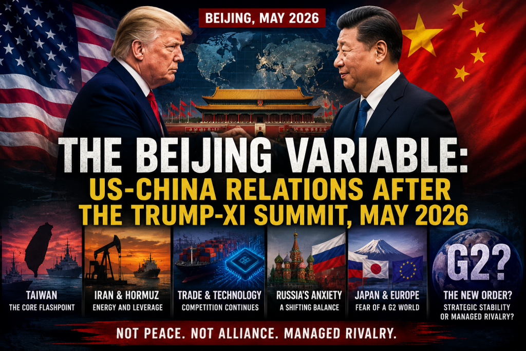 Donald Trump and Xi Jinping at the May 2026 Beijing summit, symbolizing US-China strategic rivalry, Taiwan tensions, energy security, and the emerging G2 world order.