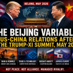 Donald Trump and Xi Jinping at the May 2026 Beijing summit, symbolizing US-China strategic rivalry, Taiwan tensions, energy security, and the emerging G2 world order.