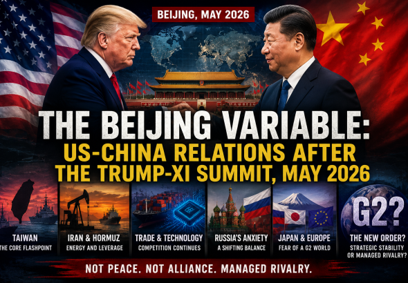 Donald Trump and Xi Jinping at the May 2026 Beijing summit, symbolizing US-China strategic rivalry, Taiwan tensions, energy security, and the emerging G2 world order.