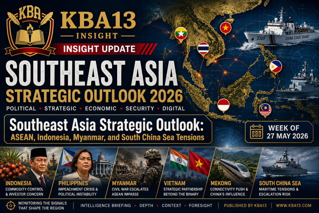 Strategic map of Southeast Asia showing ASEAN, South China Sea tensions, Indonesia, Myanmar conflict zones, and regional geopolitical dynamics in 2026