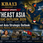 Strategic map of Southeast Asia showing ASEAN, South China Sea tensions, Indonesia, Myanmar conflict zones, and regional geopolitical dynamics in 2026