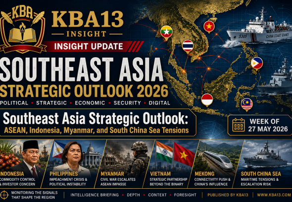 Strategic map of Southeast Asia showing ASEAN, South China Sea tensions, Indonesia, Myanmar conflict zones, and regional geopolitical dynamics in 2026