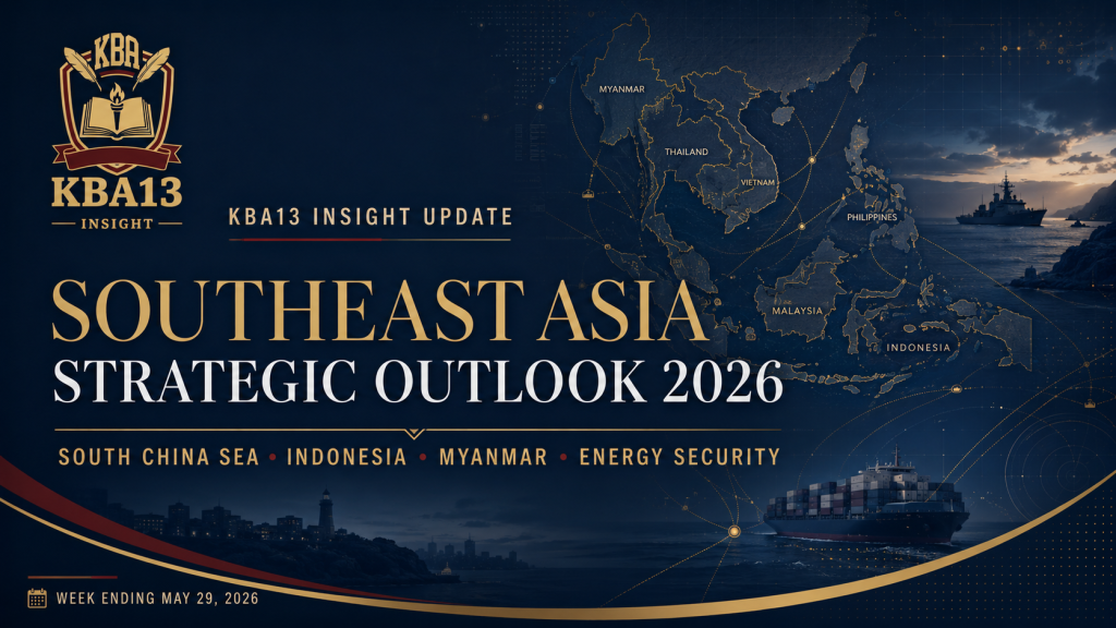 Southeast Asia Strategic Outlook 2026 covering ASEAN, South China Sea tensions, Indonesia’s economy, Myanmar conflict, Hormuz energy crisis, Vietnam growth, Singapore AI strategy, and Cambodia’s shadow economy.