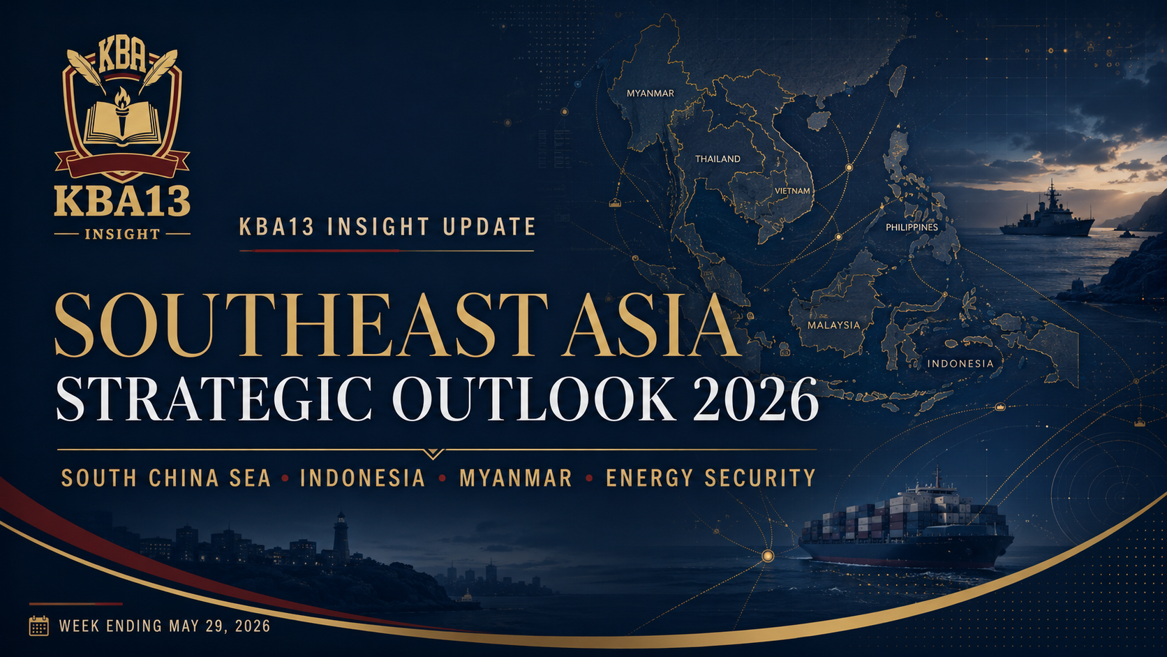 Southeast Asia Strategic Outlook 2026 covering ASEAN, South China Sea tensions, Indonesia’s economy, Myanmar conflict, Hormuz energy crisis, Vietnam growth, Singapore AI strategy, and Cambodia’s shadow economy.