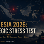 KBA13 National Update Indonesia Strategic Outlook 2026 covering rupiah crisis, Danantara risk, TNI expansion, Papua conflict, Natuna tensions, and digital surveillance