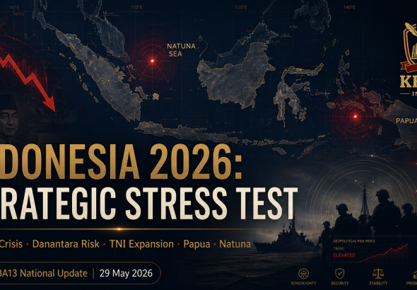 KBA13 National Update Indonesia Strategic Outlook 2026 covering rupiah crisis, Danantara risk, TNI expansion, Papua conflict, Natuna tensions, and digital surveillance