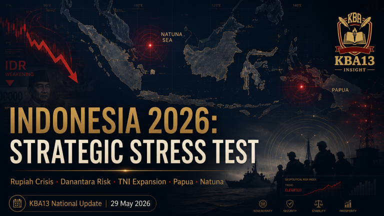 KBA13 National Update Indonesia Strategic Outlook 2026 covering rupiah crisis, Danantara risk, TNI expansion, Papua conflict, Natuna tensions, and digital surveillance