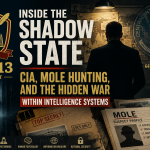 CIA intelligence officer analyzing classified documents during modern counterintelligence and shadow warfare operations