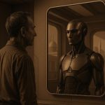 A man gazing into a mirror that reflects a humanoid instead of himself in 2045