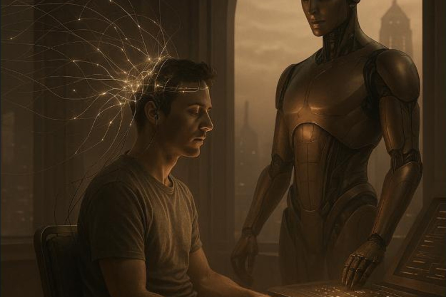 A humanoid guiding a man wired into a neural interface in Banda Aceh 2045