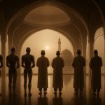 Humans and humanoids praying together in a mosque at dusk in Banda Aceh 2045
