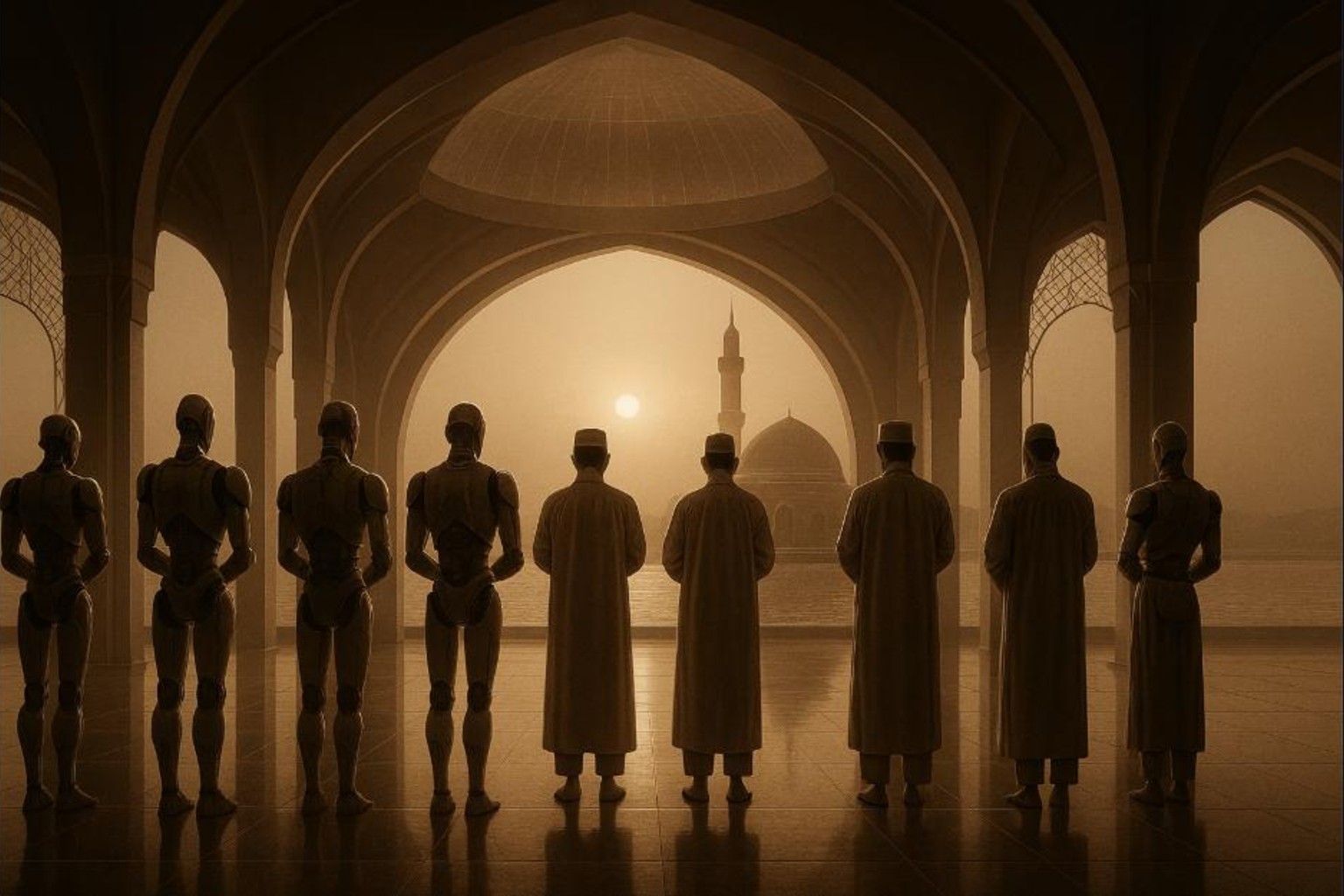 Humans and humanoids praying together in a mosque at dusk in Banda Aceh 2045