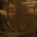 A humanoid interviewing a man at the AI Workforce Bureau showing a Human Compatibility Index in Banda Aceh 2045