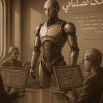 A humanoid supervising a meeting of human workers at computer terminals in Banda Aceh 2045